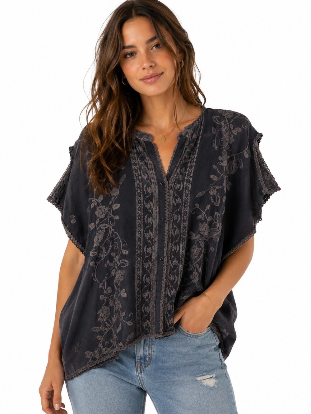 Johnny Was Embroidered Boho Kimono Top XS Charcoal Gray Floral Rayon Batwing